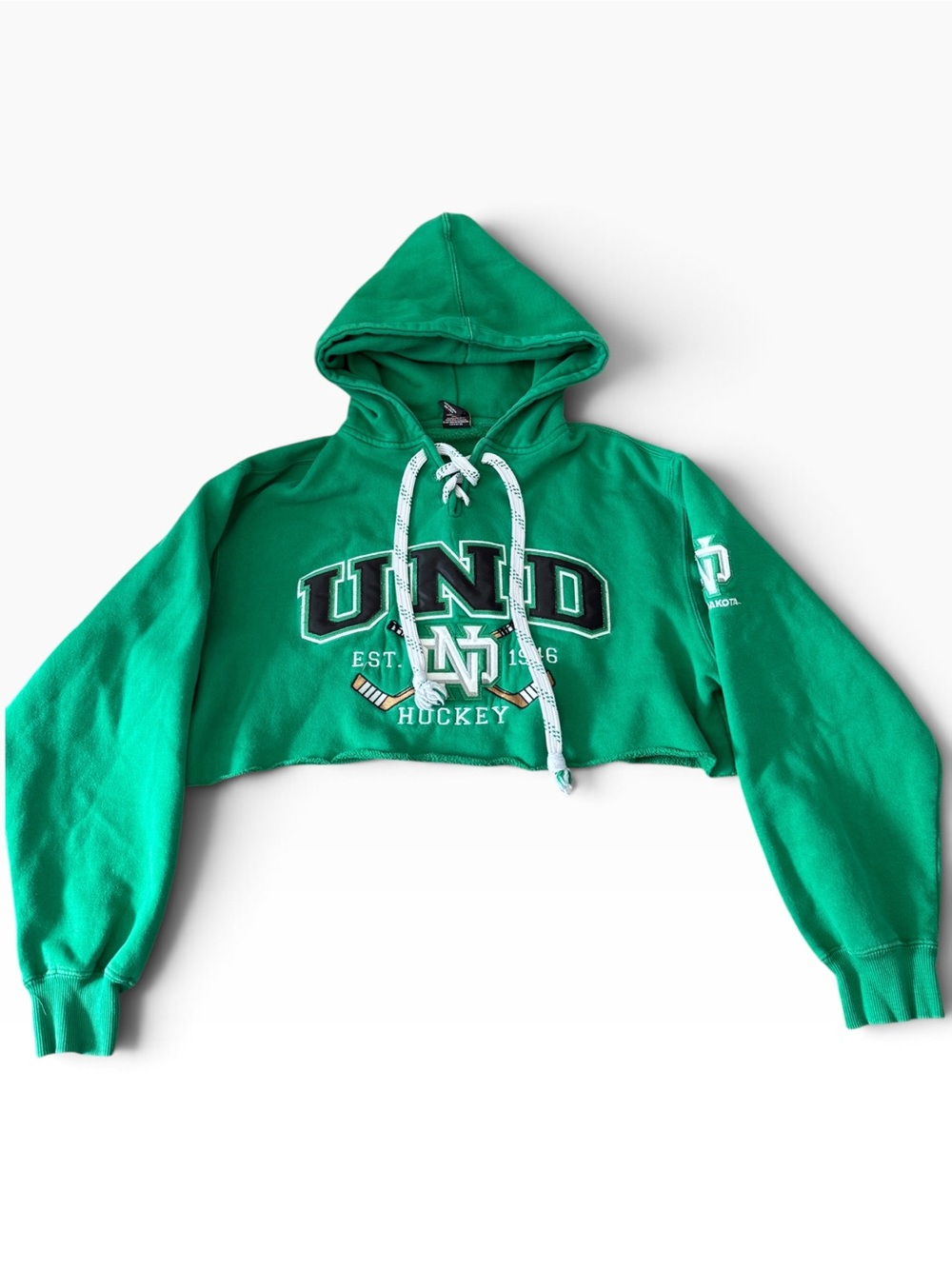 UND Green Cropped Hoodie Sweater with Hockey Logo Women’s Small